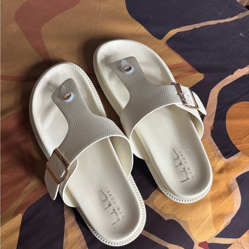 White Slide Sandals with Buckle